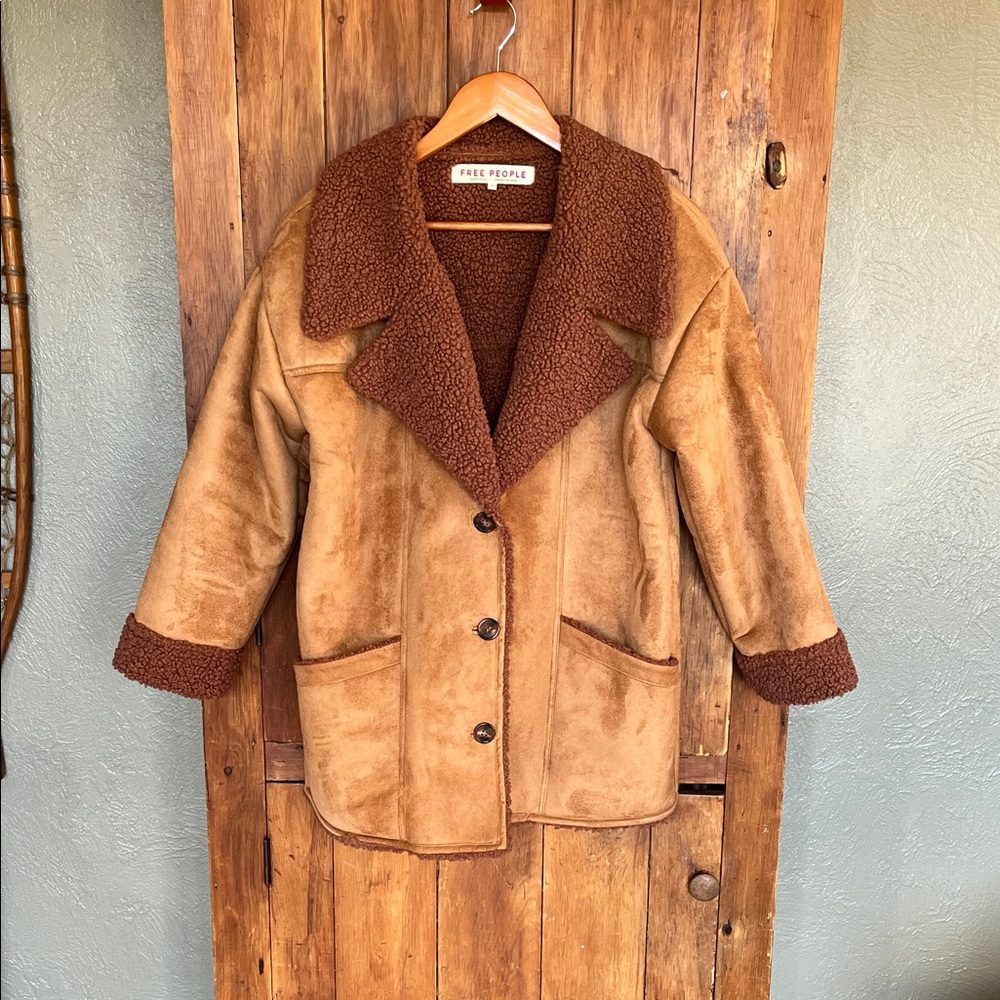 Free People oversized Tan Teddy Jacket with Brown Accents